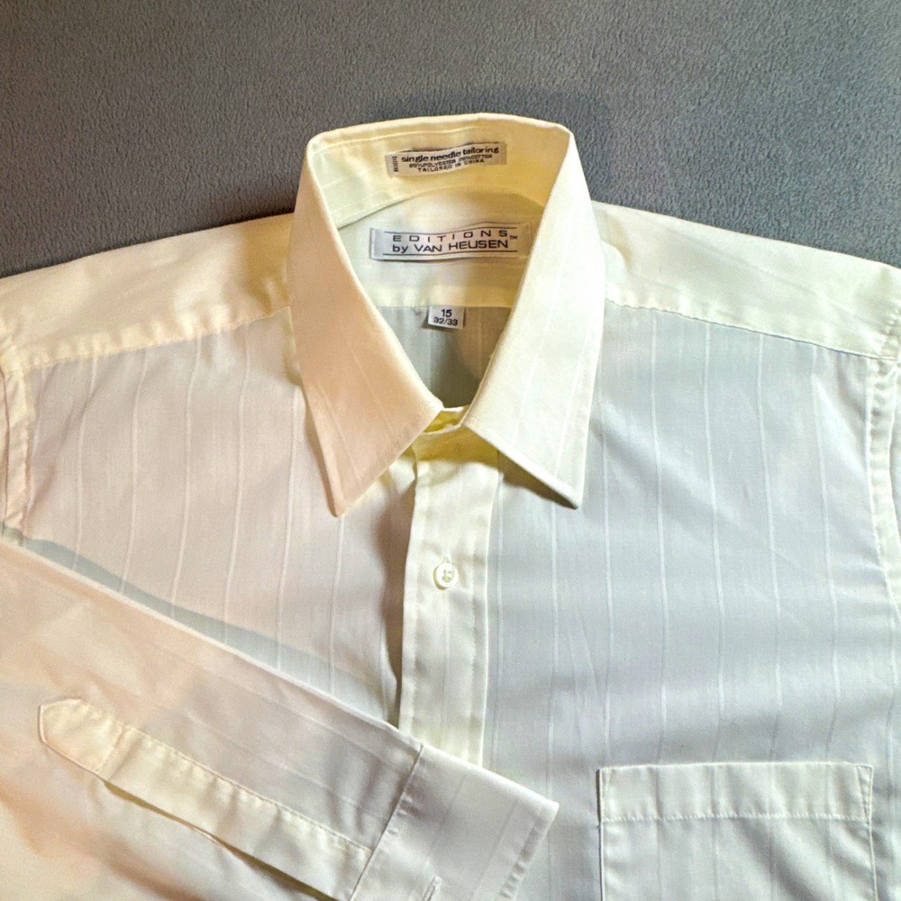 Editions by Van Heusen Mens Dress Shirt 15 32/33 M Cream Tone Stripe Long Sleeve